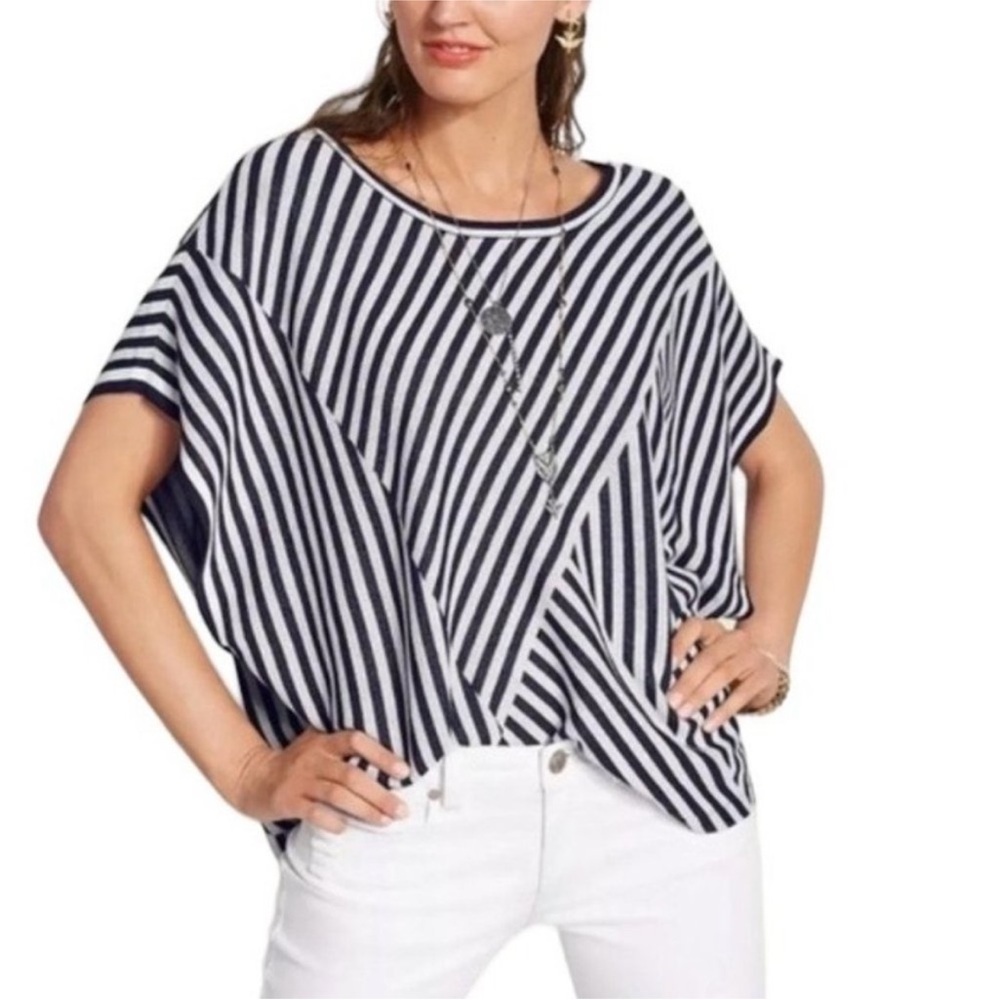 CAbi Striped Siesta Poncho Blue White Sweater‎ Women’s Small #5395 NEW